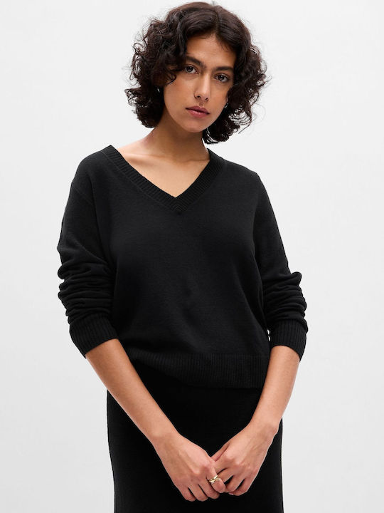 GAP Women's Long Sleeve Pullover with V Neck Black