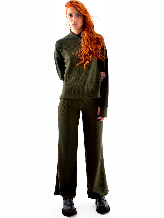 Damen Stoff Hose Schlag Khaki