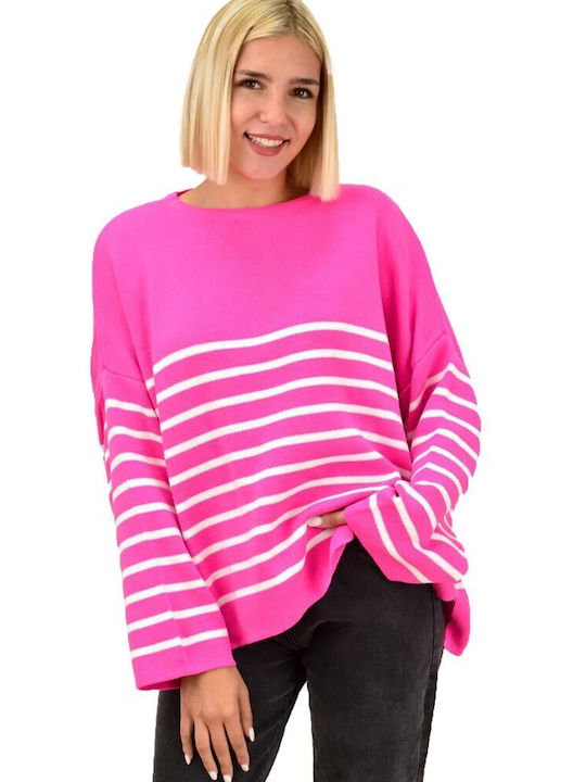 Potre Women's Long Sleeve Pullover Striped Fuchsia