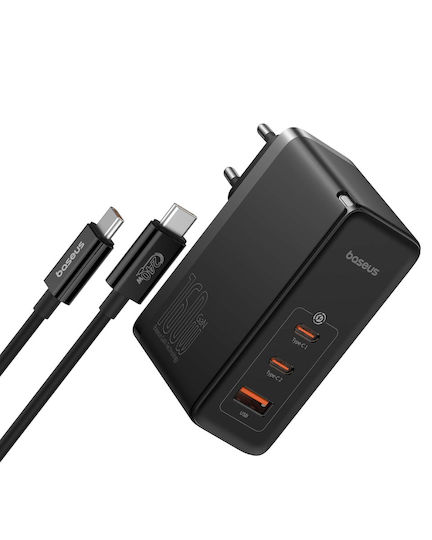 Baseus GaN с USB-A порт и 2 USB-C порта и кабел USB-C - USB-C 160W Power Delivery Черен (GaN5 Pro)