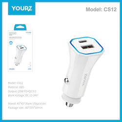 YOURZ Φορτιστής Αυτοκινήτου με Θύρες 1xUSB-A 2xType-C