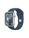 Apple Watch Series 9 Aluminium 45mm Waterproof with Heart Rate Monitor (Silver with Storm Blue Sport Band (S/M))