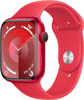 Apple Watch Series 9 Aluminium 45mm Waterproof with Heart Rate Monitor ((PRODUCT)RED with (PRODUCT)RED Sport Band (S/M))