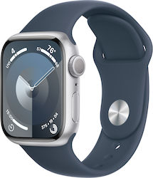 Apple Watch Series 9 Aluminiu 41mm Rezistent la apă cu pulsometru (Argintiu cu bandă sport Storm Blue (S/M))
