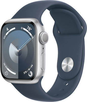 Apple Watch Series 9 Aluminium 41mm Waterproof with Heart Rate Monitor (Silver with Storm Blue Sport Band (S/M))