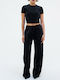 Juicy Couture Damen Crop Top Samt Kurzarm Schwarz