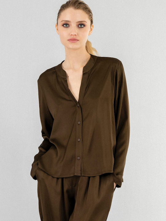 Philosophy Wear Women's Satin Long Sleeve Shirt Taupe