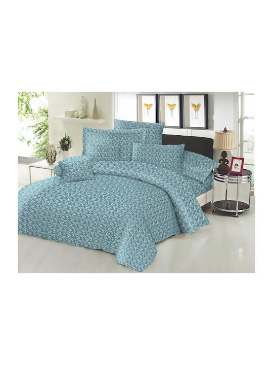 Le Blanc Cotton Line Printed Fern Super Double Bed Sheet with Rubber Band 160x200x22cm Petrol