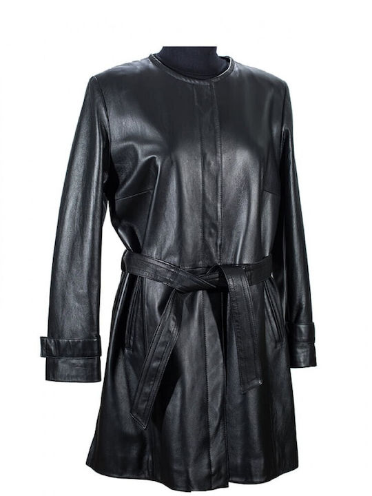 Ageridis Leather Women's Leather Midi Coat with Belt Black