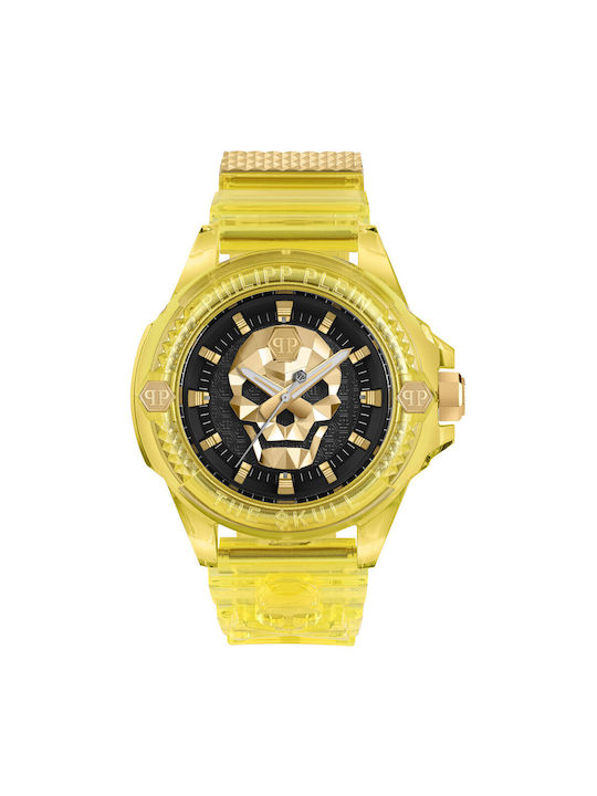 Philipp Plein Skull Watch Battery with Yellow Rubber Strap