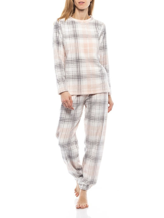 Pink Label Winter Damen Pyjama-Set Vlies Weiß