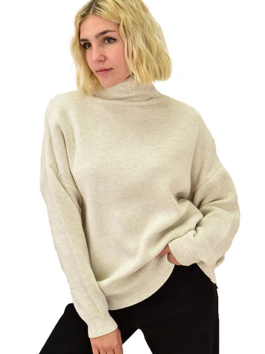 Potre Women's Long Sleeve Pullover Turtleneck Beige