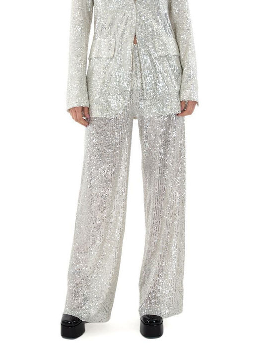 C. Manolo Sequined Pants Women Γυναικείο Υφασμάτινο Παντελόνι Ασημί