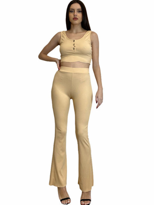 Chica Women's Beige Set with High-waisted Trousers