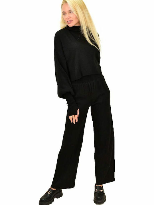 Women's Black Set with High-waisted Pants with Elastic in Straight Line