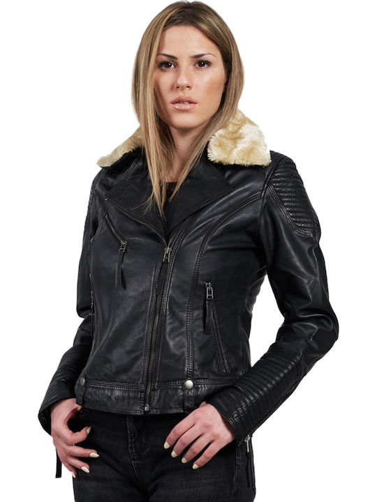 Emily Women's Short Biker Leather Jacket for Winter Black