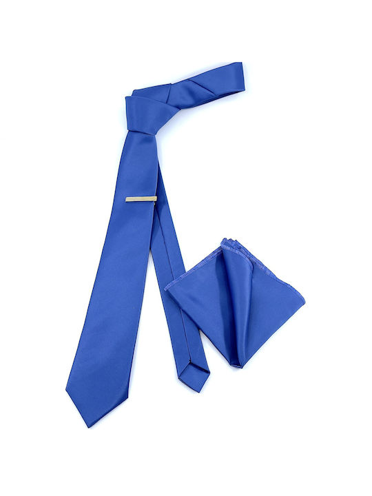 Σετ Ανδρικής Γραβάτας Μονόχρωμη σε Μπλε Χρώμα