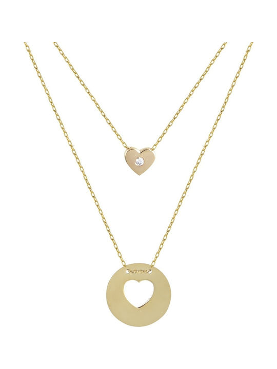 Necklace Double with design Heart from Gold 14K with Zircon