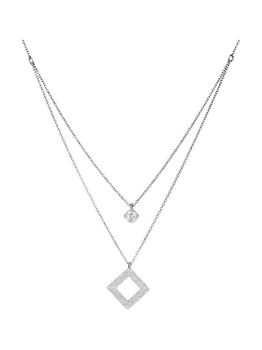 Necklace Double from White Gold 14K with Zircon