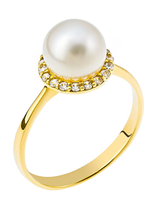 Women's Gold Ring with Pearl & Zircon 18K