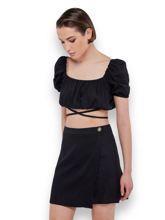 Mind Matter Linen High Waist Mini Envelope Skirt in Black color