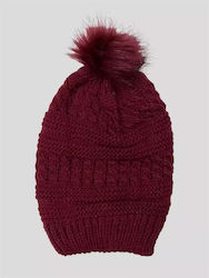 Pom Pom Beanie Γυναικείος Σκούφος Πλεκτός σε Μπορντό χρώμα