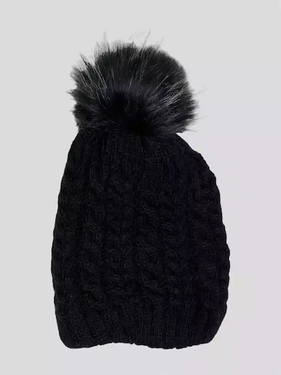 Pom Pom Beanie Γυναικείος Σκούφος με Πλεξούδες σε Μαύρο χρώμα