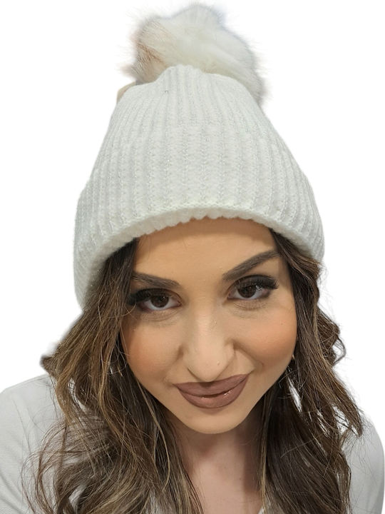 Pom Pom Beanie Γυναικείος Σκούφος με Rib Πλέξη σε Λευκό χρώμα
