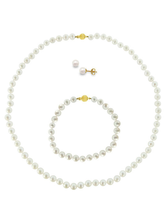 Gold Set Bracelet , Necklace & Earrings with Pearls 14K