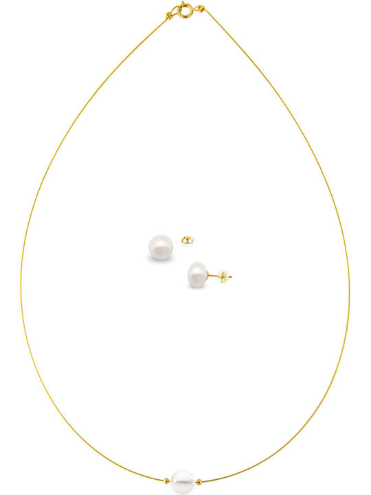 Margaritari Set mit Halskette & Ohrringe aus Gold 14K mit Perlen