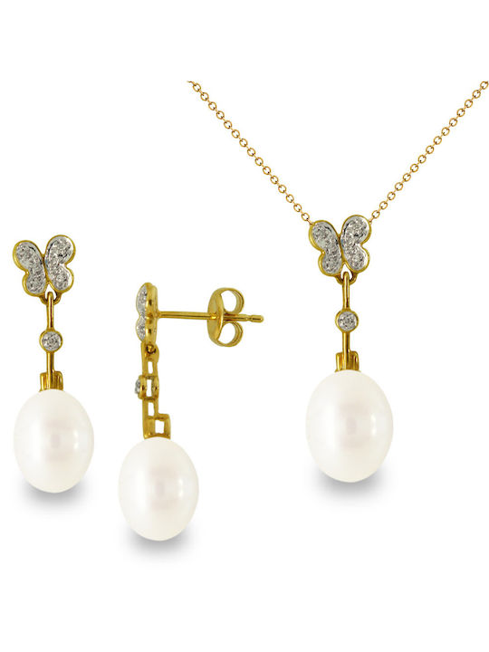 Gold Set Earrings & Pendant with Stones and Pearls 18K