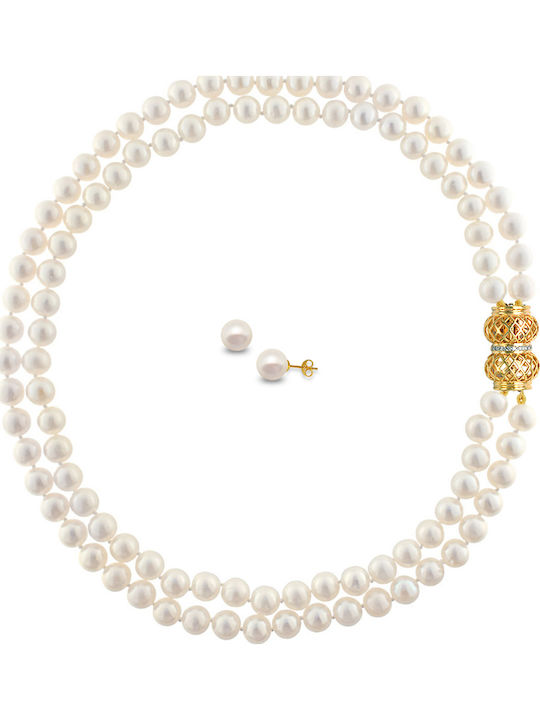 Margaritari Set with Necklace & Earrings from Gold 18K with Stones and Pearls