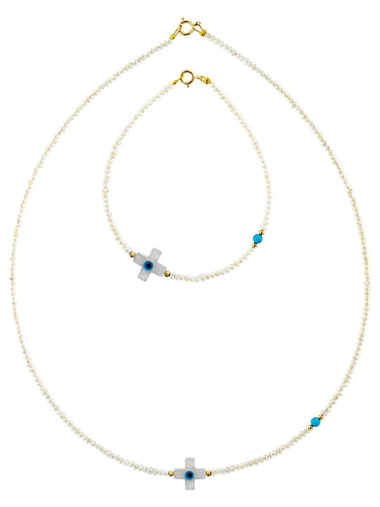Margaritari Set cu Colier & Brățară din Aur 14K cu Perle