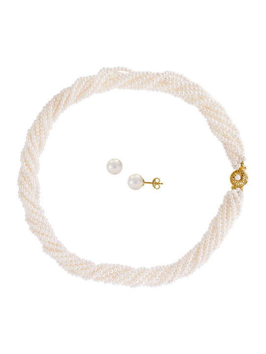 Margaritari Set with Necklace & Earrings from Gold 14K with Pearls