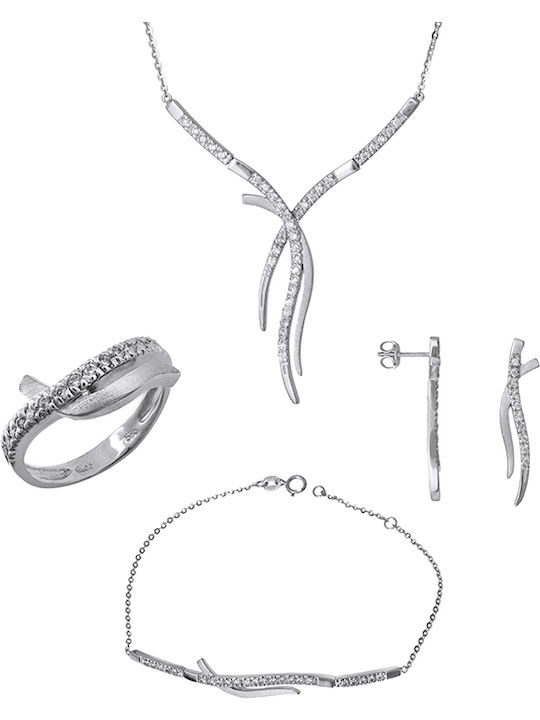 Set mit Halskette , Ohrringe & Ring aus Weißgold 9K mit Steinen