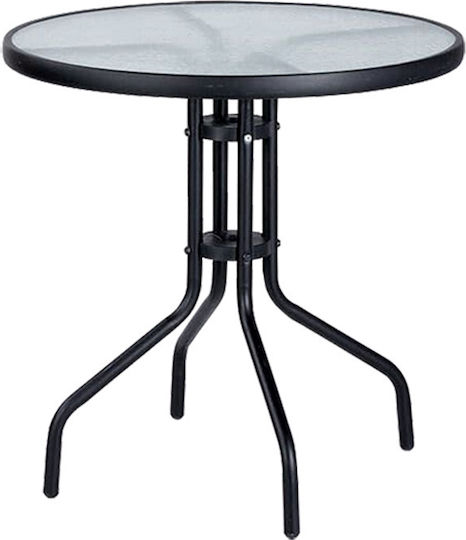 Outdoor Dinner Free Standing Table with Glass Surface and Metal Frame Black 60x60x72cm