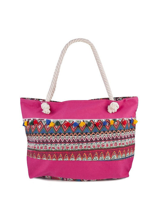 Beach Bag from Canvas with Ethnic design Pink