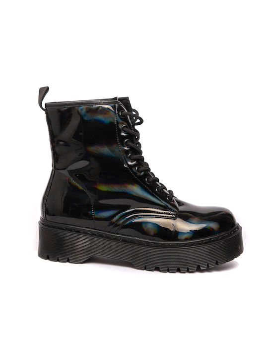 Malesa Women's Patent Leather Combat Boots Black