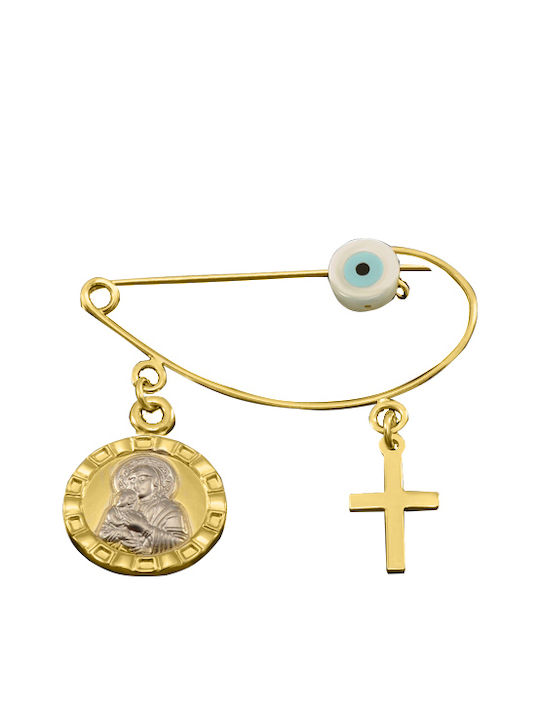 Child Safety Pin made of Gold and White Gold 9K with Cross and Icon of the Virgin Mary