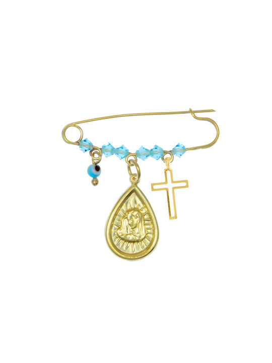 Child Safety Pin made of Gold Plated Silver with Cross and Icon of the Virgin Mary for Boy