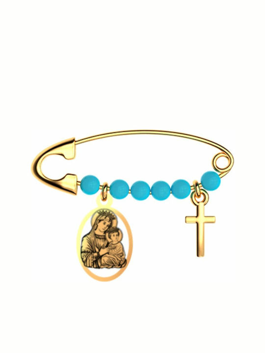 Child Safety Pin made of Gold Plated Silver with Cross and Icon of the Virgin Mary for Boy