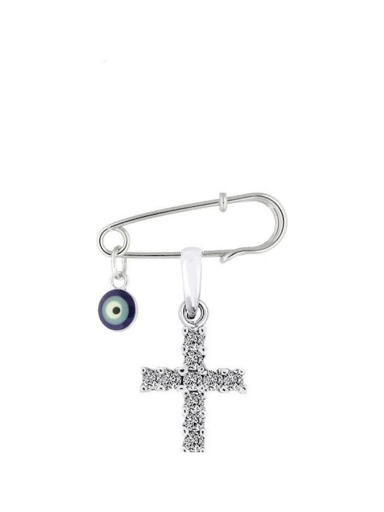 Child Safety Pin made of White Gold 14K with Cross