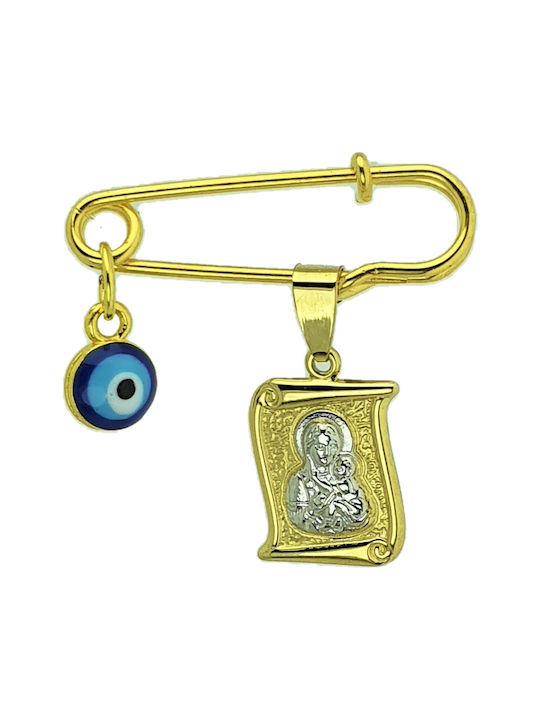 Child Safety Pin made of Gold and White Gold 14K with Icon of the Virgin Mary
