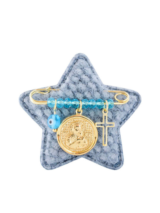 Child Safety Pin made of Gold Plated Silver with Cross and Icon of the Virgin Mary for Boy