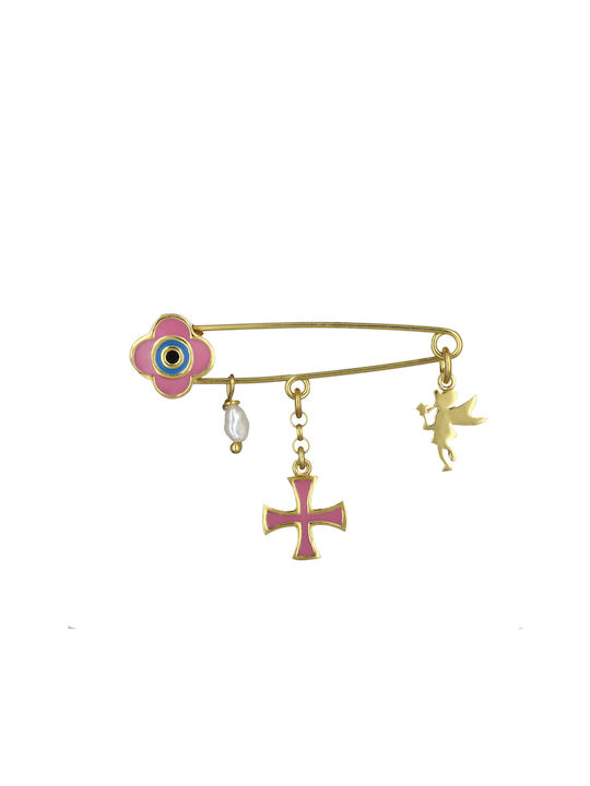 Child Safety Pin made of Gold Plated Silver with Cross for Girl