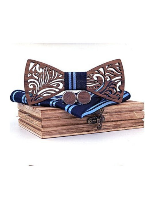 Wooden Bow Tie Set with Cufflinks and Pochette Blue