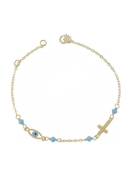 Kids Bracelet Chain from Gold 9K with Σταυρό, Stones & Evil Eye