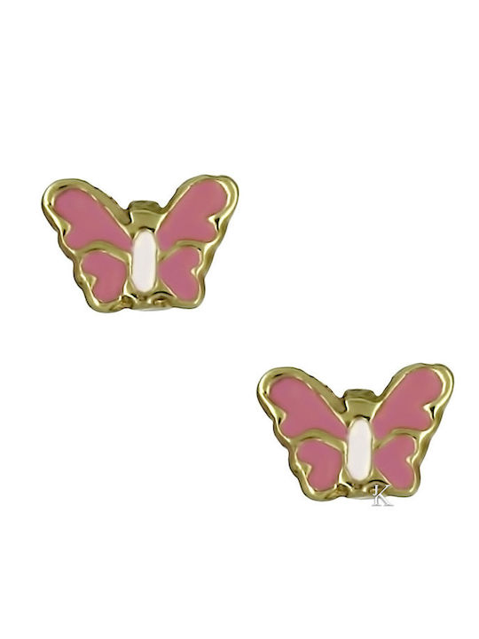 Cercei pentru copii Studs Fluturi din Aur 9K Yellow Gold-Pink