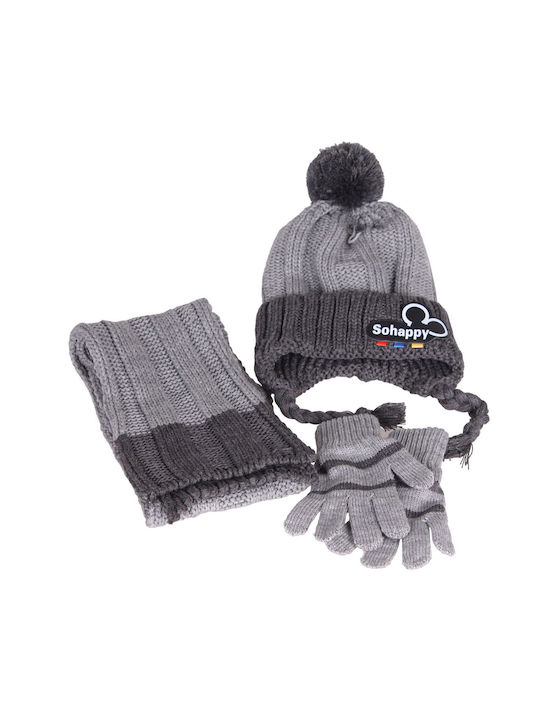 Kids Beanie Set with Scarf & Gloves Knitted Gray