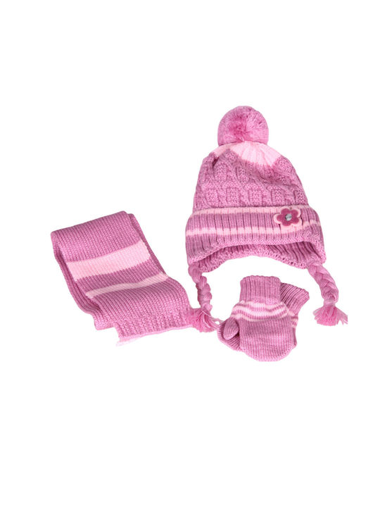 Kids Beanie Set with Scarf & Gloves Knitted Pink